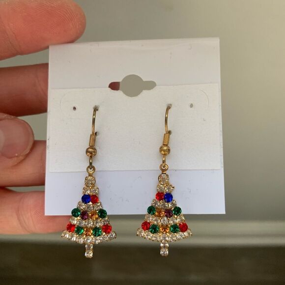 VTG Christmas Tree Earrings Dangly Earrings Sparkly Multi Color Gem Stones S - Picture 1 of 8